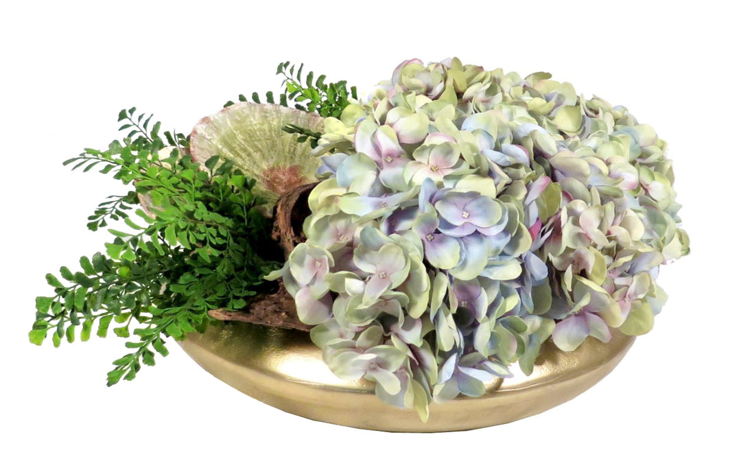 Hydrangeas with Ferns and Mushrooms in Bowl
