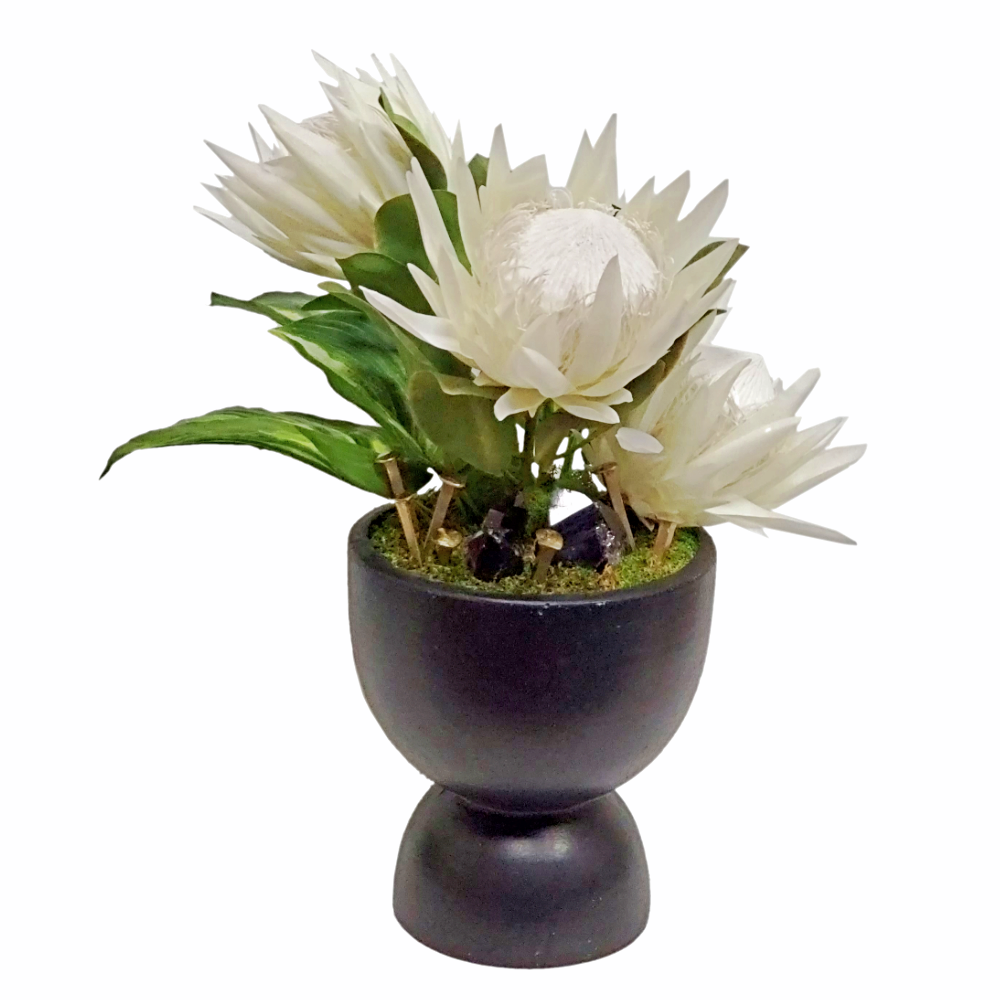 Queen Protea, Leaves, Onyx Crystals and Nails in Bowl 21"H