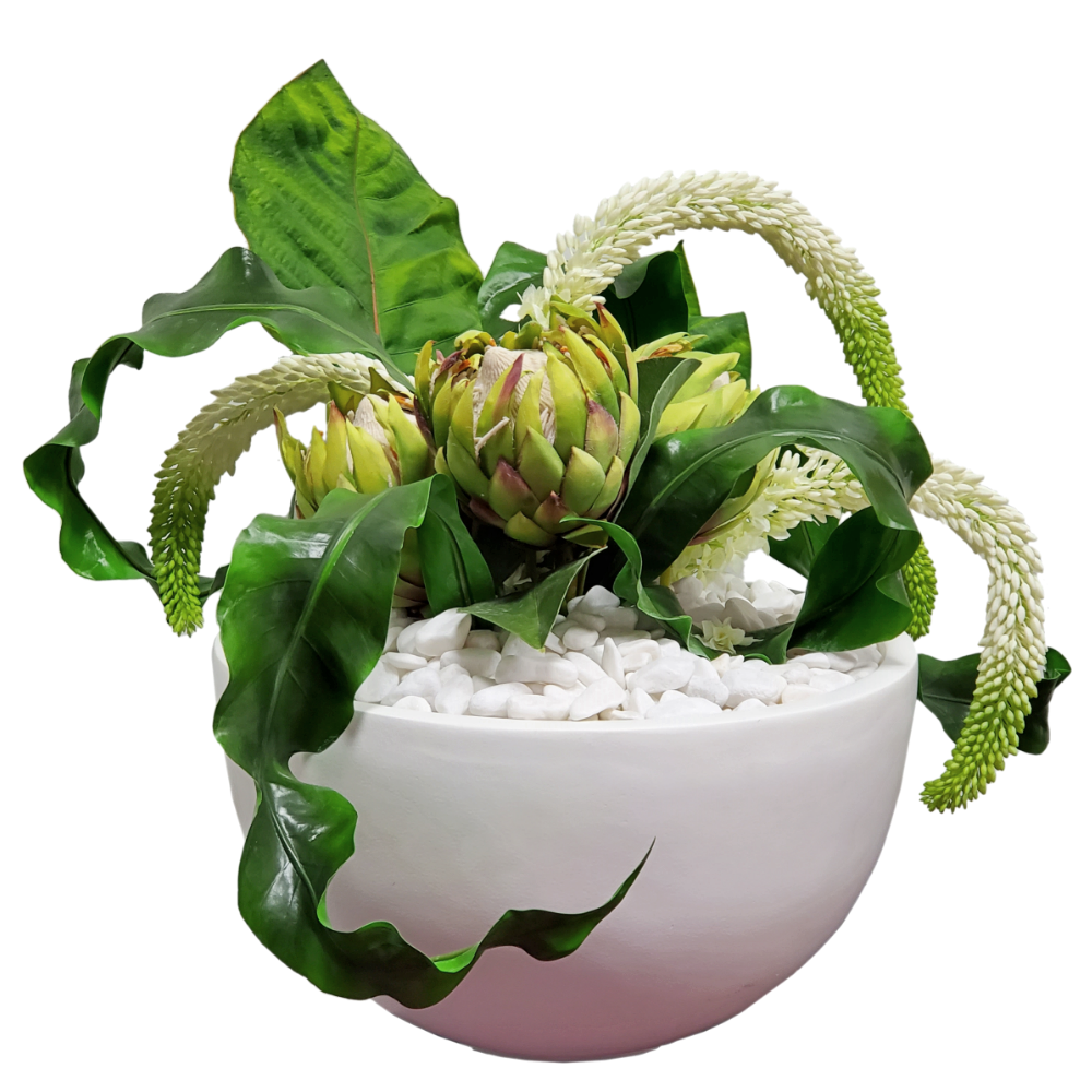 Foxtail Lily, Queen Protea Tropical Leaves Rocks in Container FD: 25"H