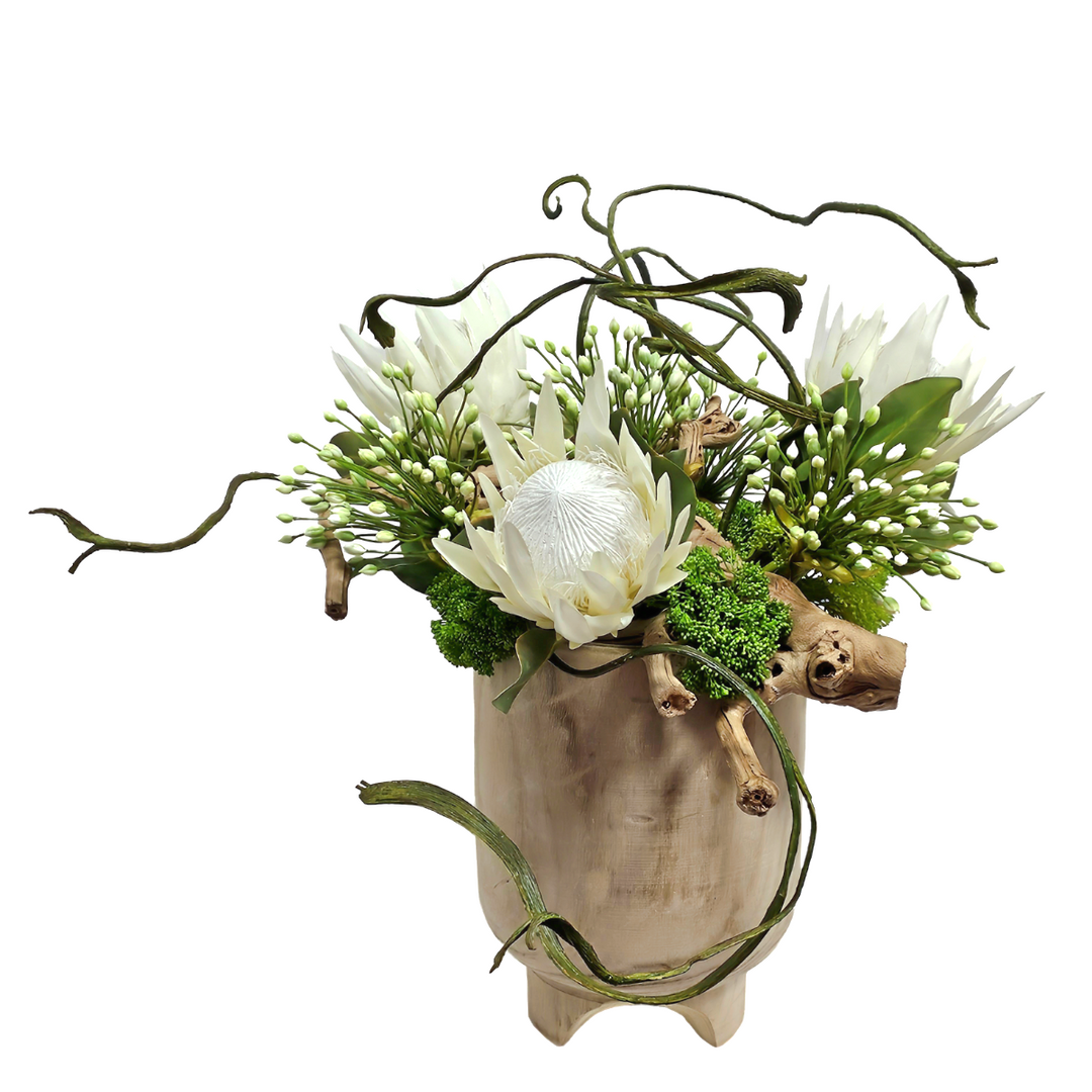 White Protea, Agapanthus Grapewood and Staghorn Fern in Wood Vase. FH: 27"H