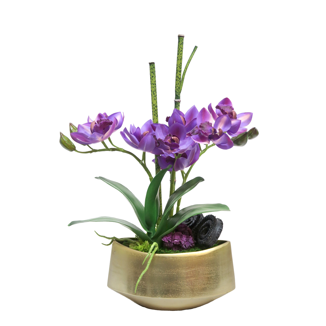 Purple Cymbidium Orchid, Horsetail Stick, Leaf Plant with Root in Metal Container 24"H