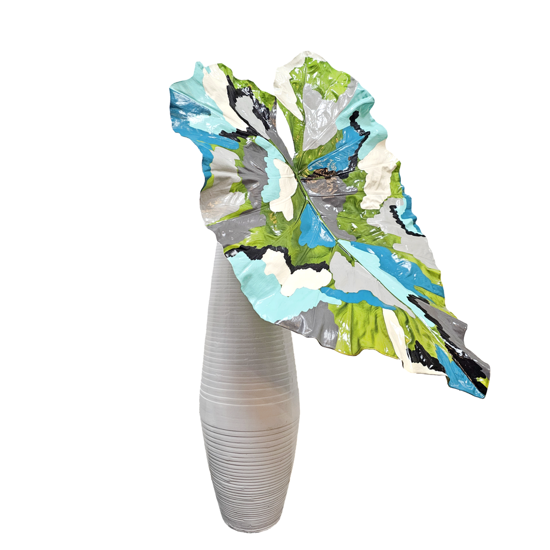 Hand Painted Tropical Leaf in Gloss White Bamboo Vase 43"H