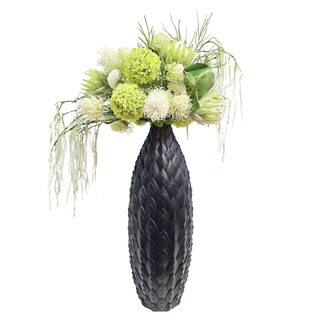 Protea, Snowballs, Banksia, Dahlia and Skimmia in Decorative Vase 44"H