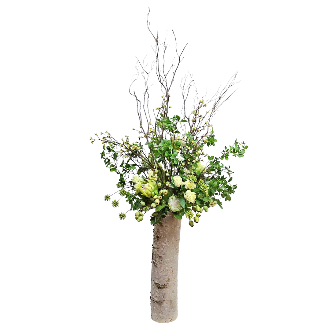 Natural Birch Vase with Branches, Allium, Protea, Skimmia and Pods.  One of a Kind Vase.  84"H