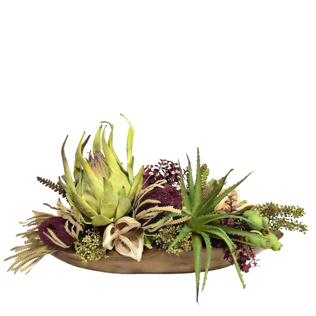 Dried Banksia, Giant Foam Flower, Succulents and Sora Pods in Wood Boat 13"H