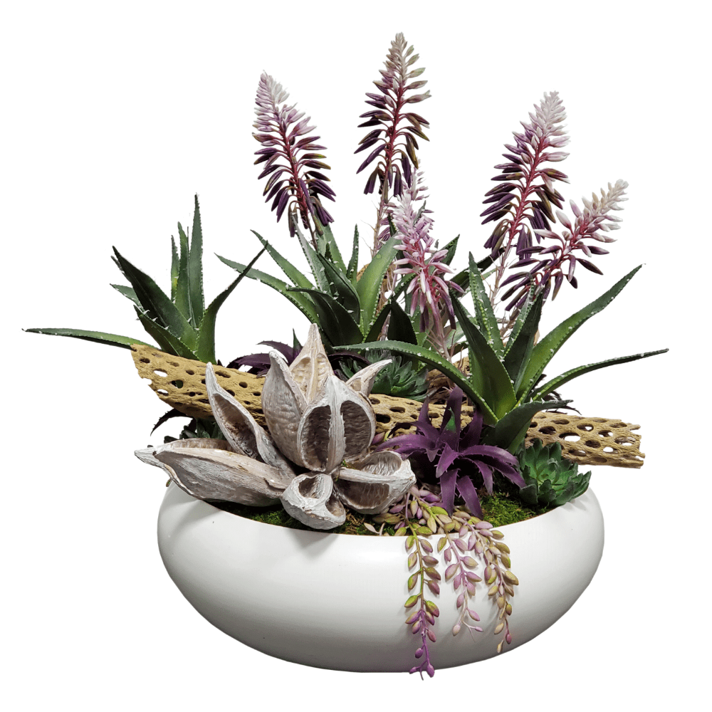 agave purple succulents Agave Flowers with Succulents and Soro Pods in Ceramic 19"H