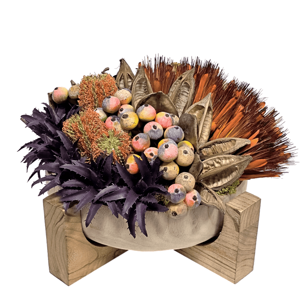 Banksia, Protea with Succulents, Berries and Sora Pods in Wood Bowl on Stand. FH: 11"H - LDF SilkArtificial Flora