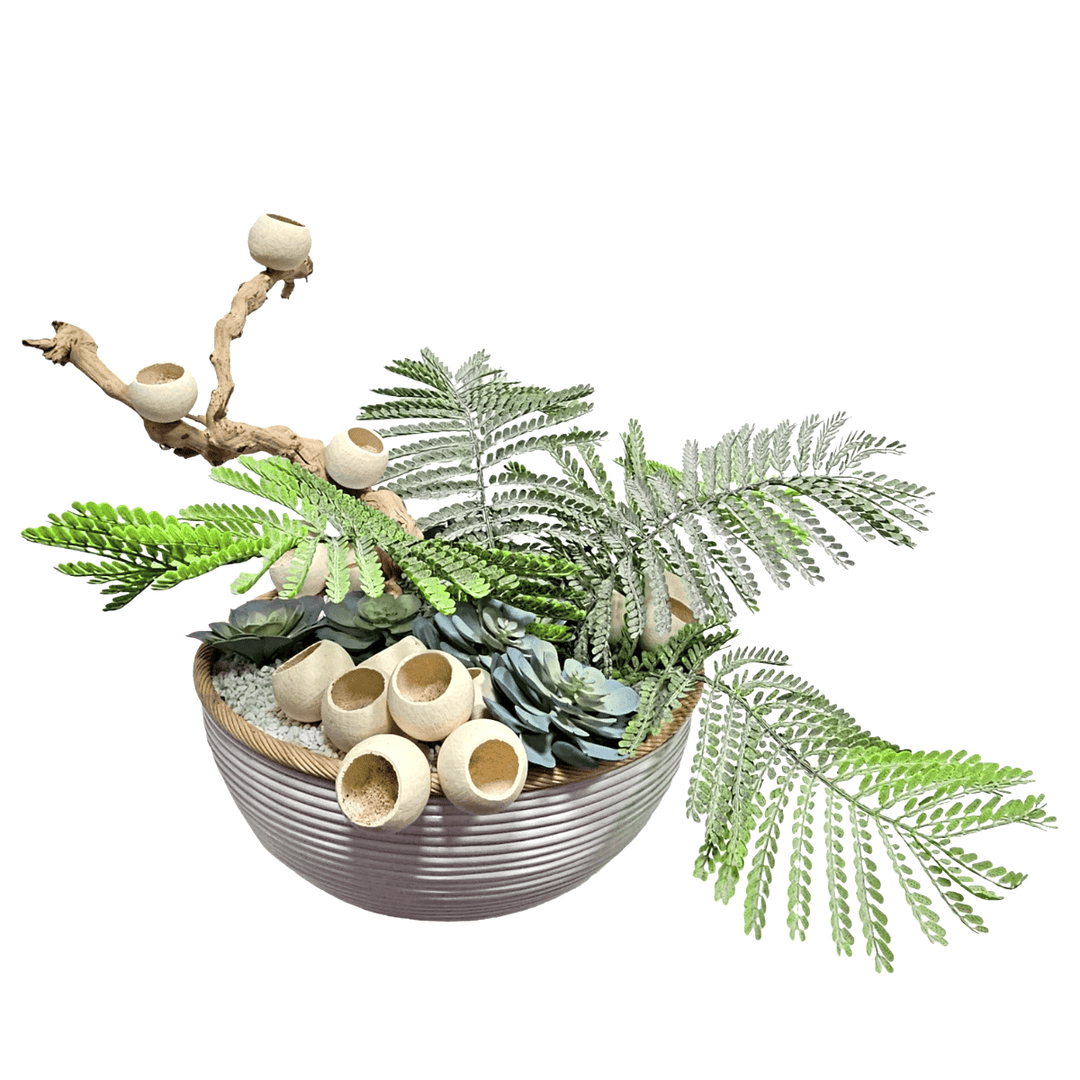 Bell Cups on Grapewood with Succulents and Ferns in Bowl. FH: 22"H - LDF SilkArtificial Flora