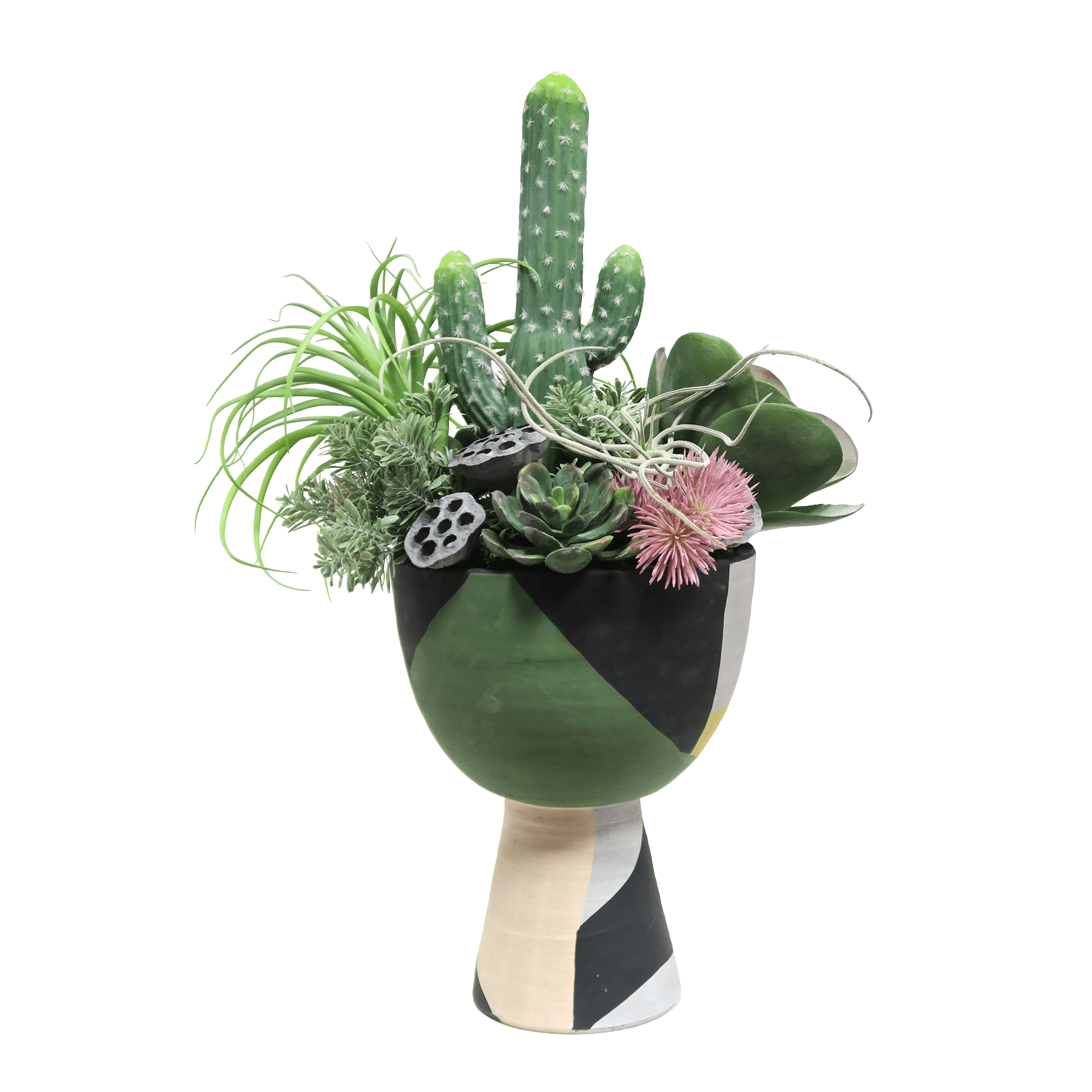 Cactus, Succulents and Dried Lotus Pods in Terra Cotta Container. FH:  LDF  Silk