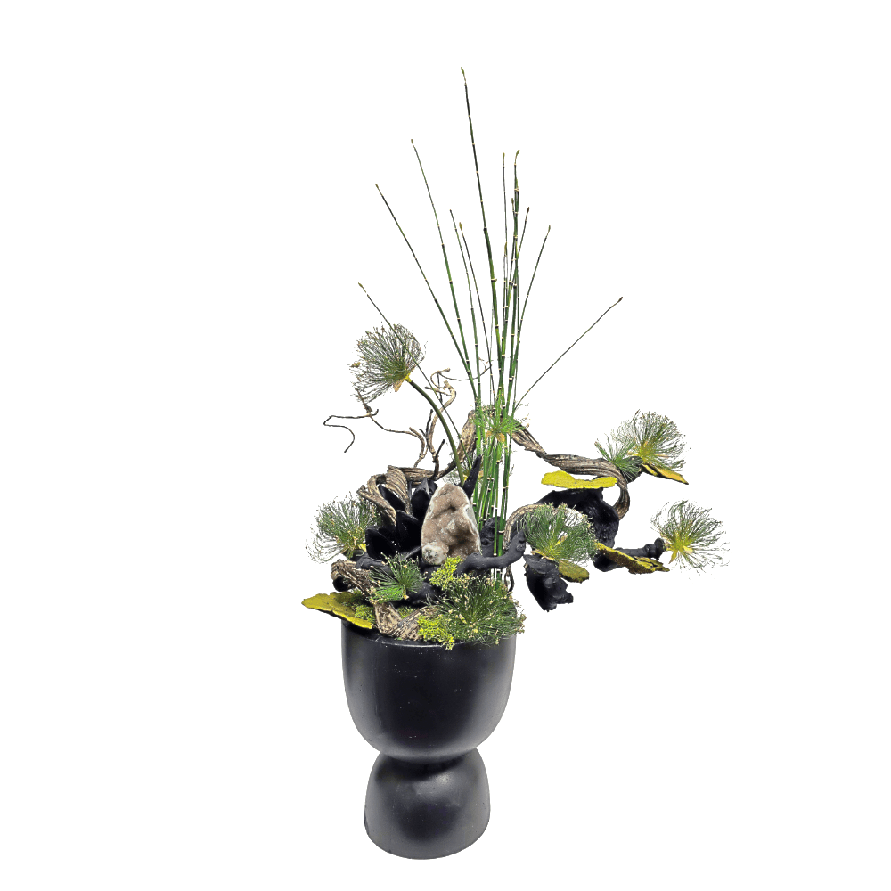 Crystal on Sculptural Ghostwood with Vine, Cyperus Blooms, and Dried Mushrooms in Concrete Vase. 49"H - LDF SilkArtificial Flora
