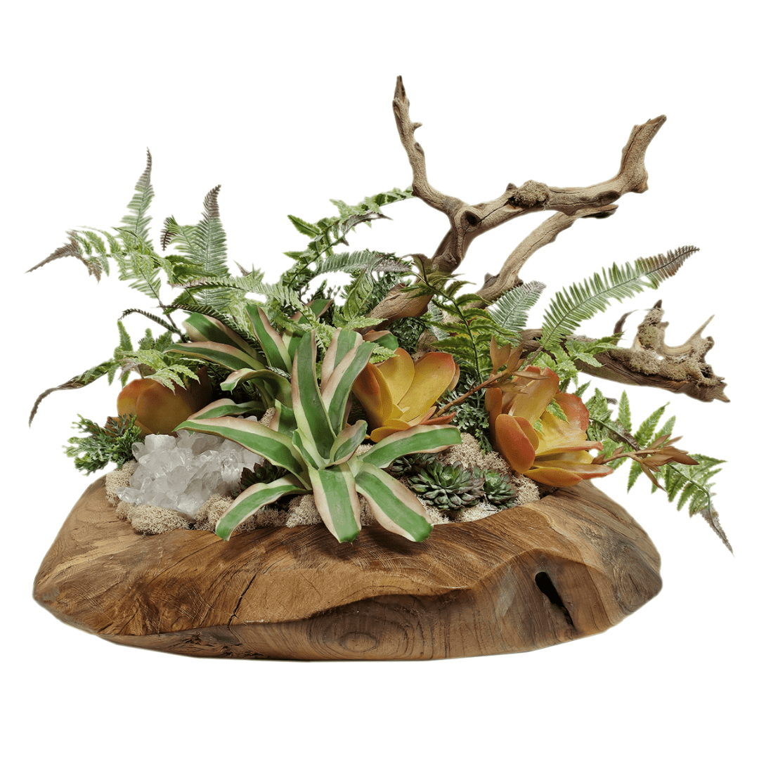 Crystal, Succulents and Ghostwood in Bowl. FH: 16" - LDF Silk