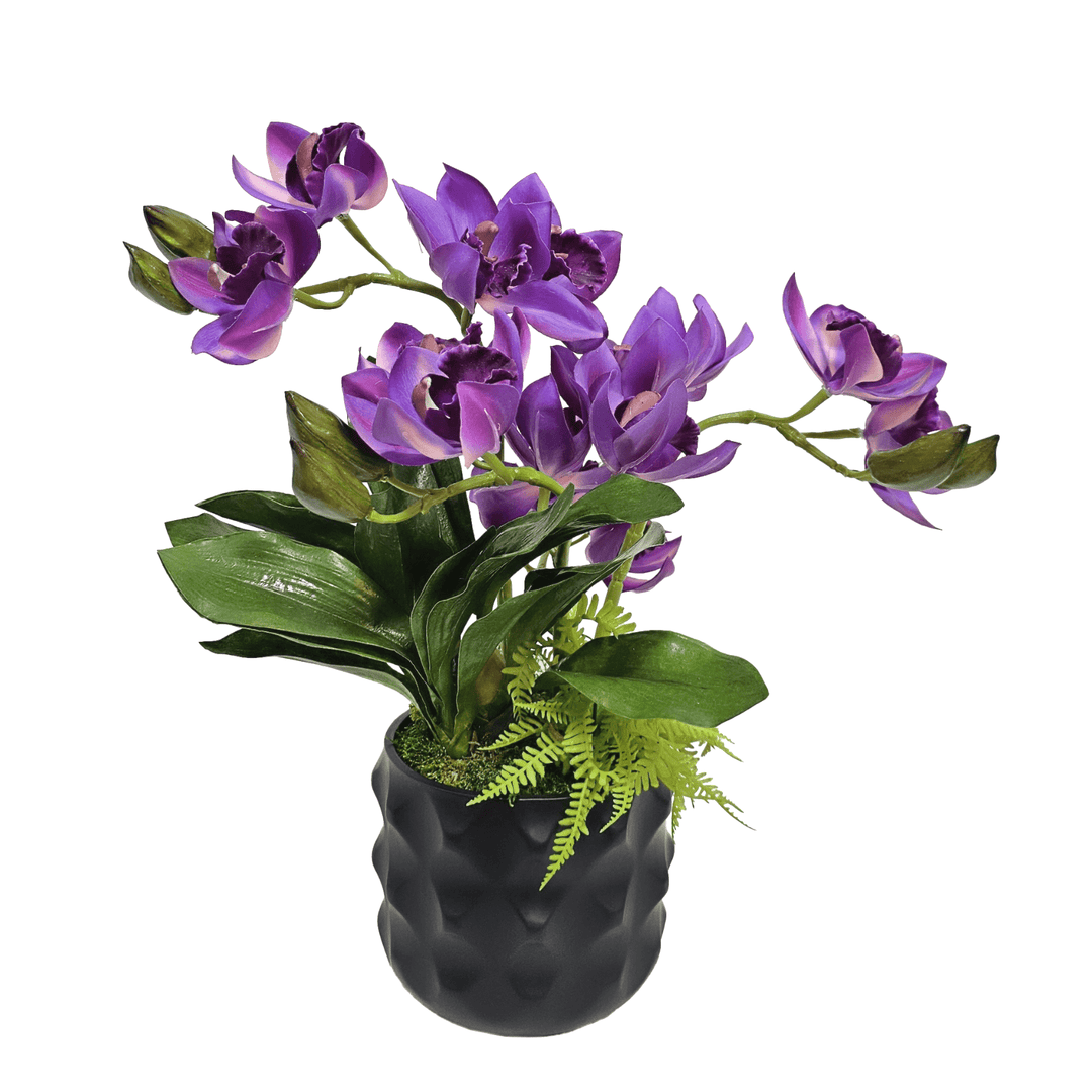Cymbidium Orchids and Fern in Textured Ceramic 18"H - LDF Silk