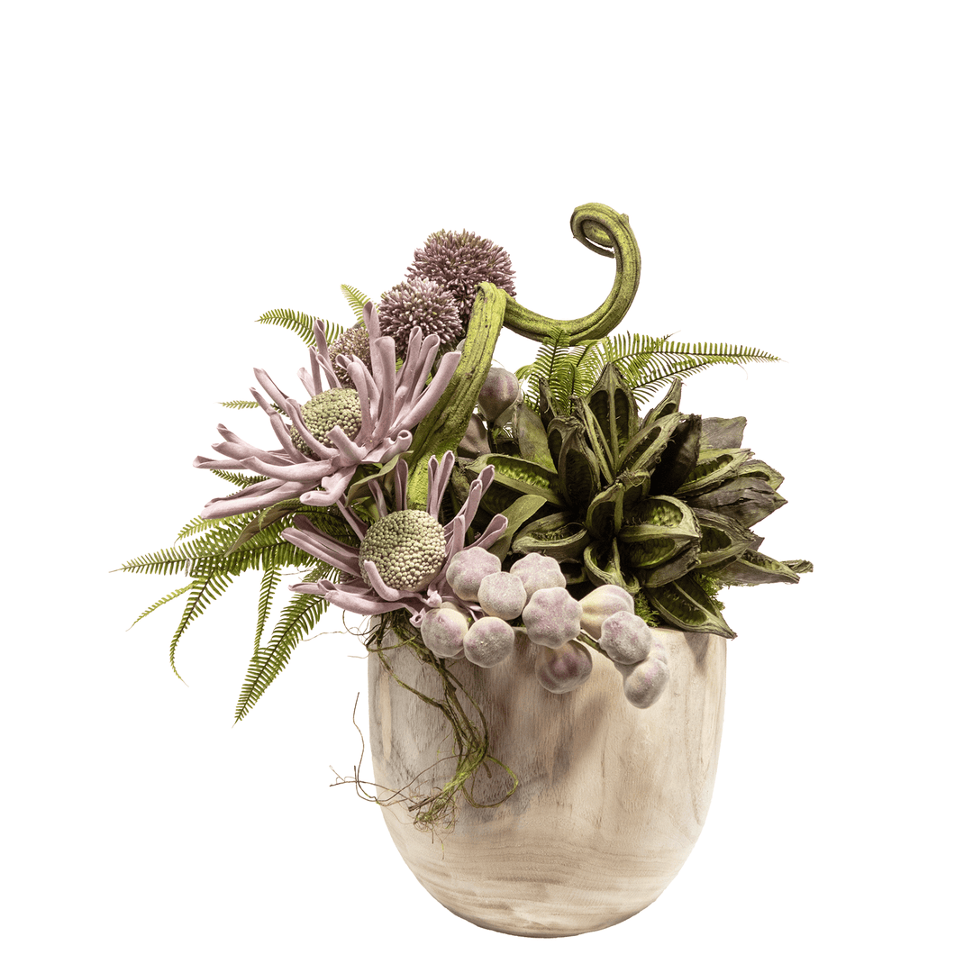 Dried Star Pods, Foam Flowers, Allium, Figs and Soft Ferns in Natural Round Wood Bowl. 26"H - LDF SilkArtificial Flora