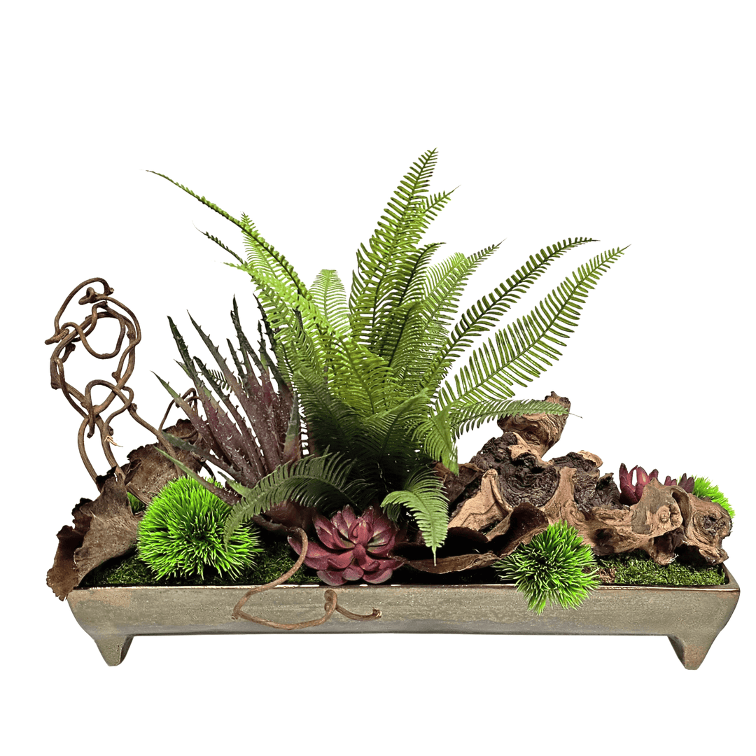 Fern, Various Succulents and Wood Elements in Metal Container. FH:16" - LDF SilkArtificial Flora