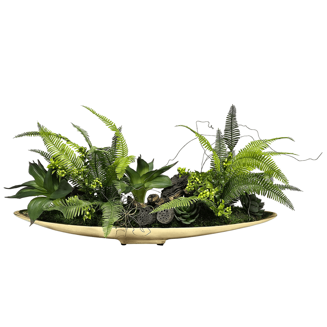 Fern, Various Succulents, Lotus Pods, Wood and Twine in Metal Boat. 12"H - LDF SilkArtificial Flora