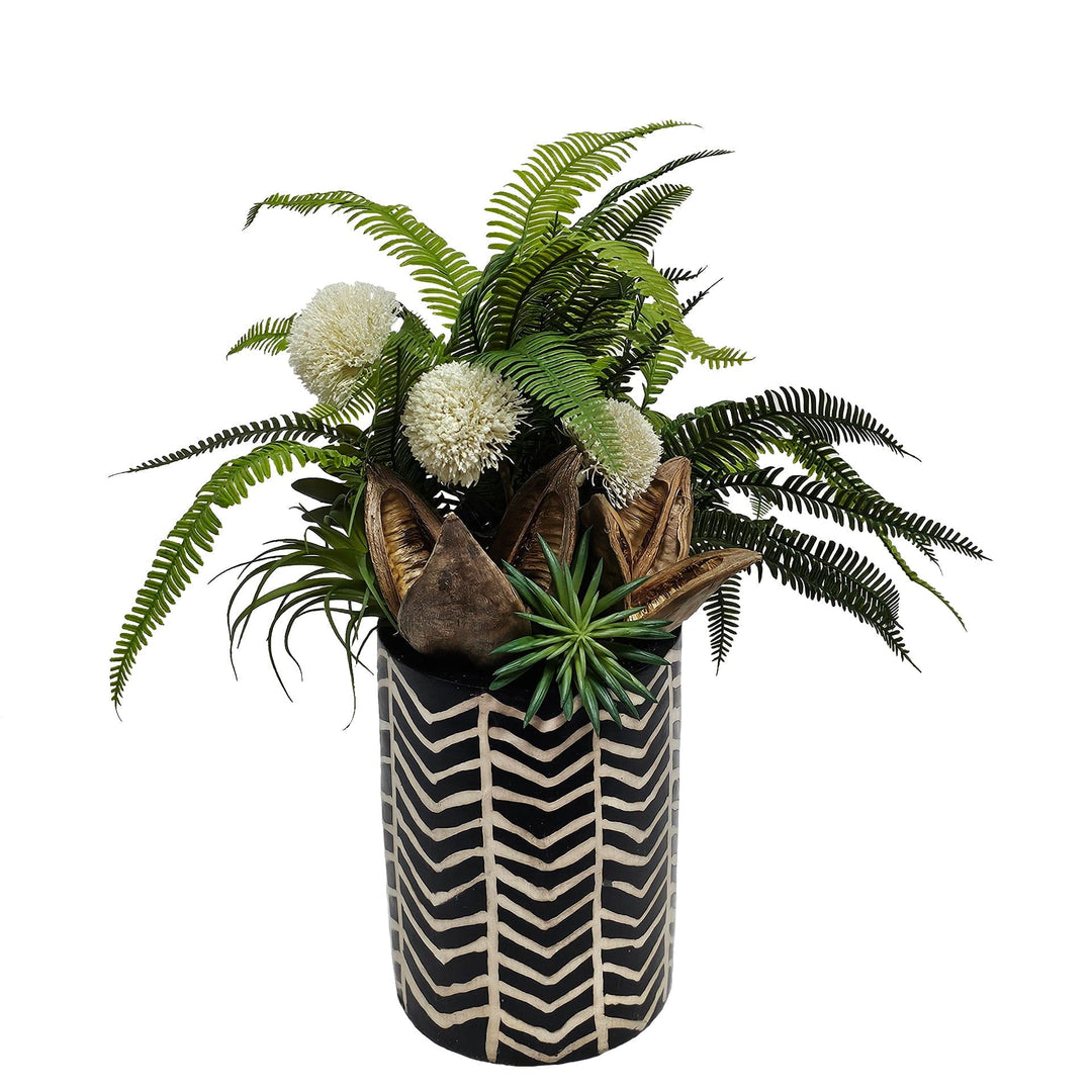 Ferns, Sora Pods and Allium in Round Ceramic. FH: 17"H - LDF Silk