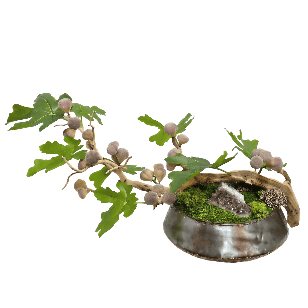 Figs with Leaves on Natural Manzanita Branch with Amethyst in Metal Bowl 20"H - LDF Silk