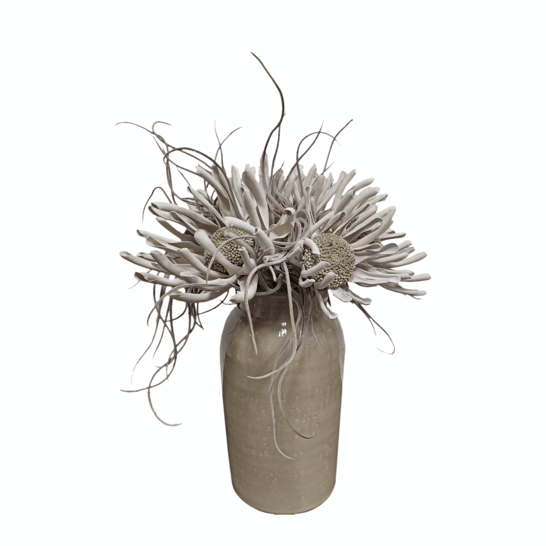 Foam Flowers and Tillandsia in Round Ceramic Vase. FH: 26" - LDF Silk