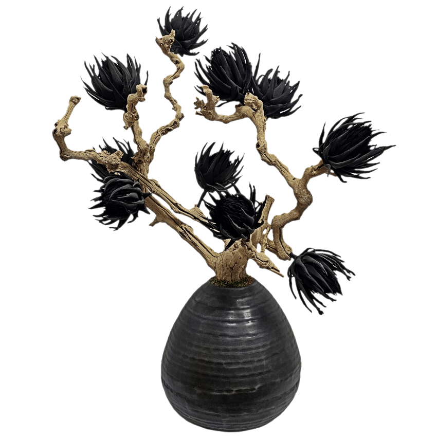 Foam Flowers on Natural Grapewood in Metal Vase. FH:40" - LDF SilkArtificial Flora