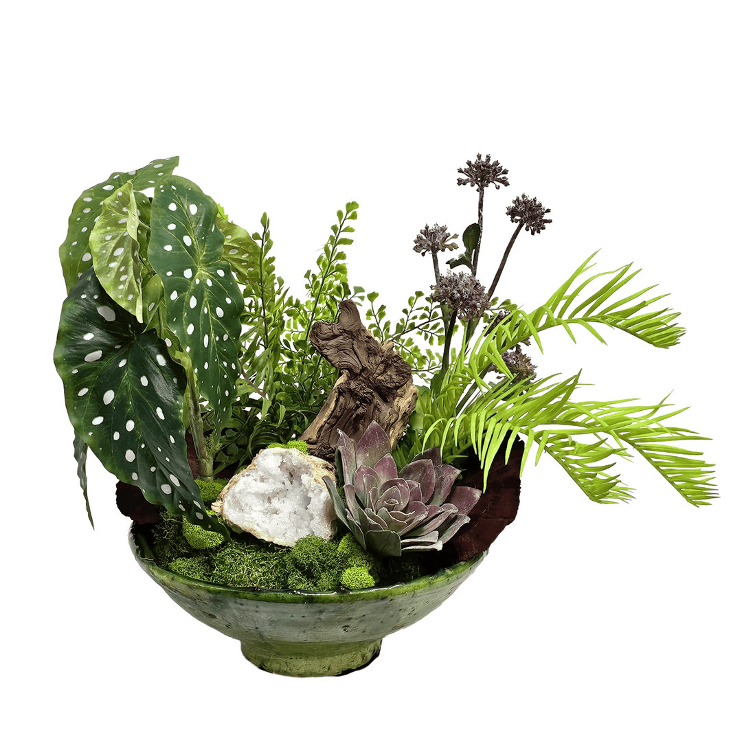 Geode, Wood Specimen with Mushrooms, Ferns and Allium in Bowl 16"H - LDF Silk