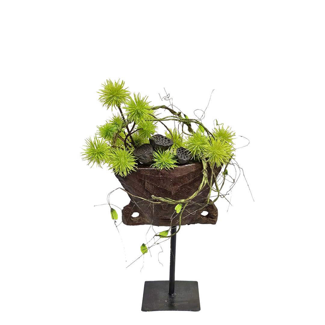 Globe Thistle, Twig Vine, and Lotus Pods in Wooden Planter in Stand 16"H - LDF Silk