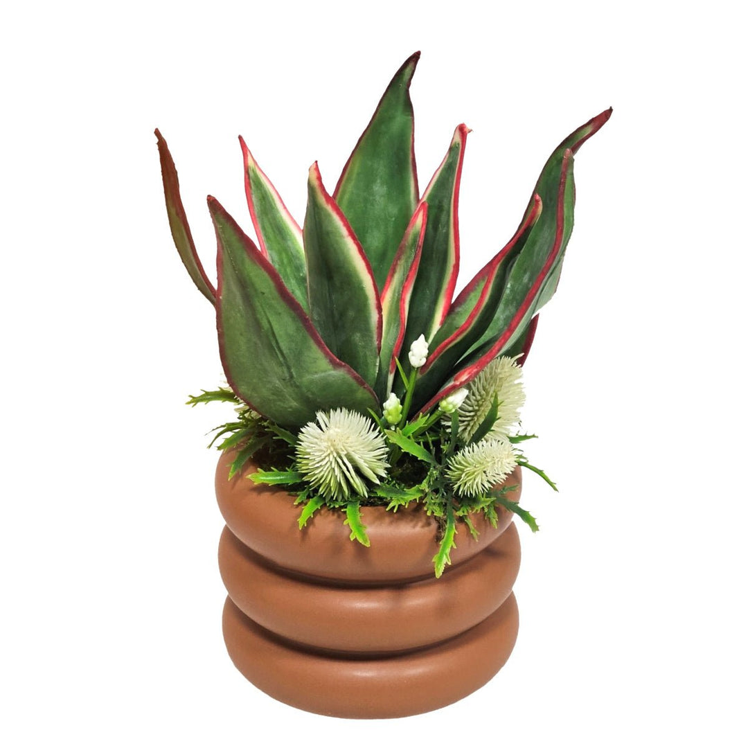 Green and Pink Agave with Thistle in Terra Cotta. FH: 10" - LDF SilkArtificial Flora
