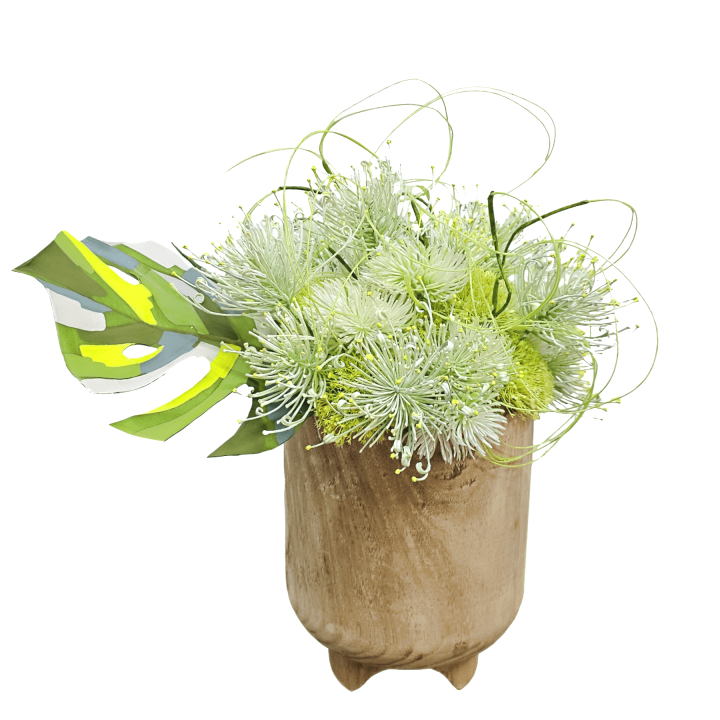 monstera plant arrangement Hand Painted Monstera with Protea, Thistle and Ting in Wood Container – LDF Silk