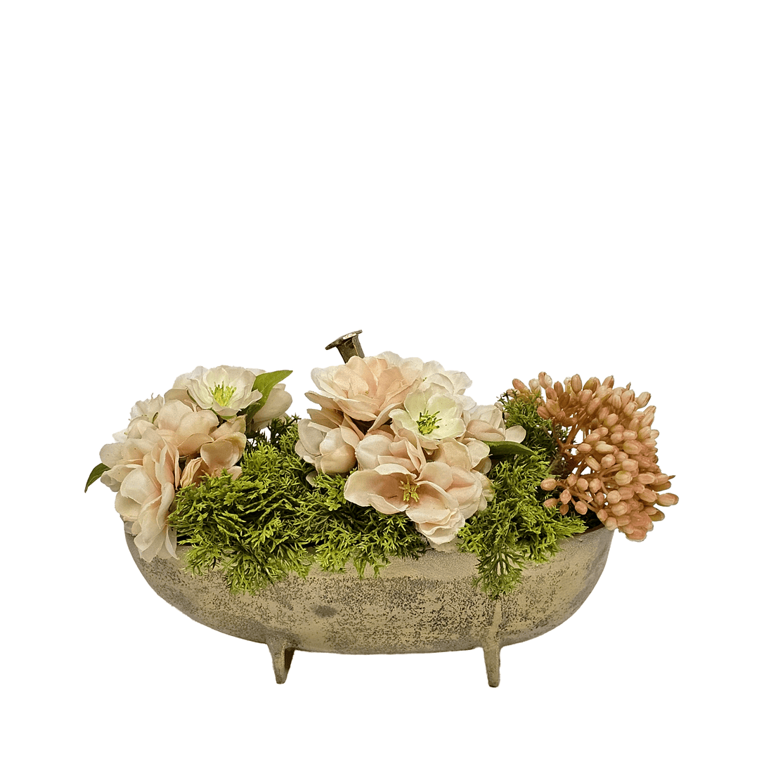 Hydrangeas and Sedum with Metal Spikes in Metal Boat 5.5"H - LDF Silk