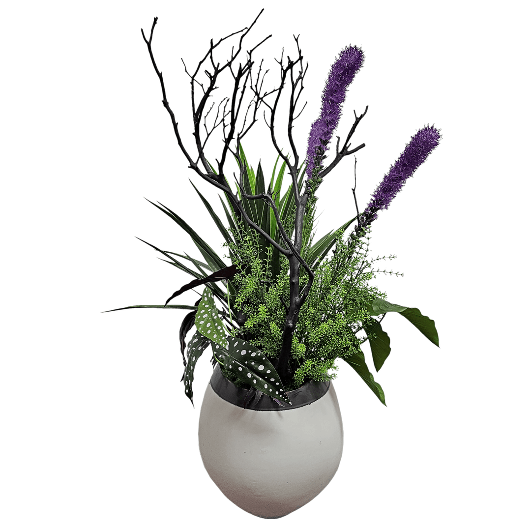 Liatris Flowers, Begonia, Yucca Plant, Manzanita Branch, Bush and Leaves in Ceramic FH: 45" - LDF Silk