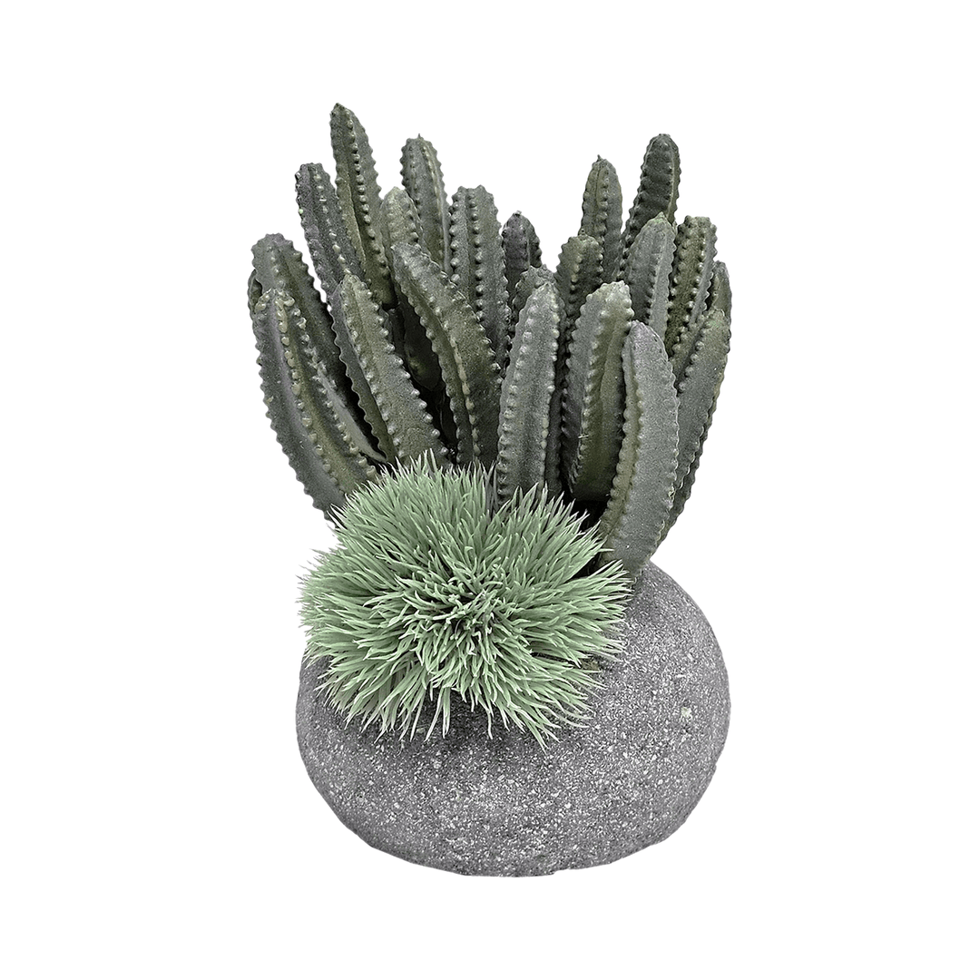 Mini Cactus and Grass in River Stone Pot. FH: 7.5" - LDF SilkArtificial Flora