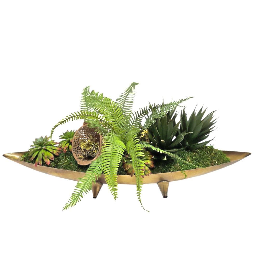 Mixed Succulents and Ferns with Dried Elements in Brass Metal Boat. 9"H - LDF Silk