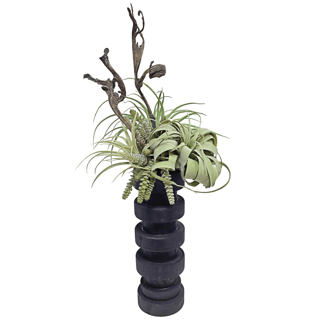 Mixed Succulents with Dried Staghorn Fern Wood Vase 32"H - LDF Silk