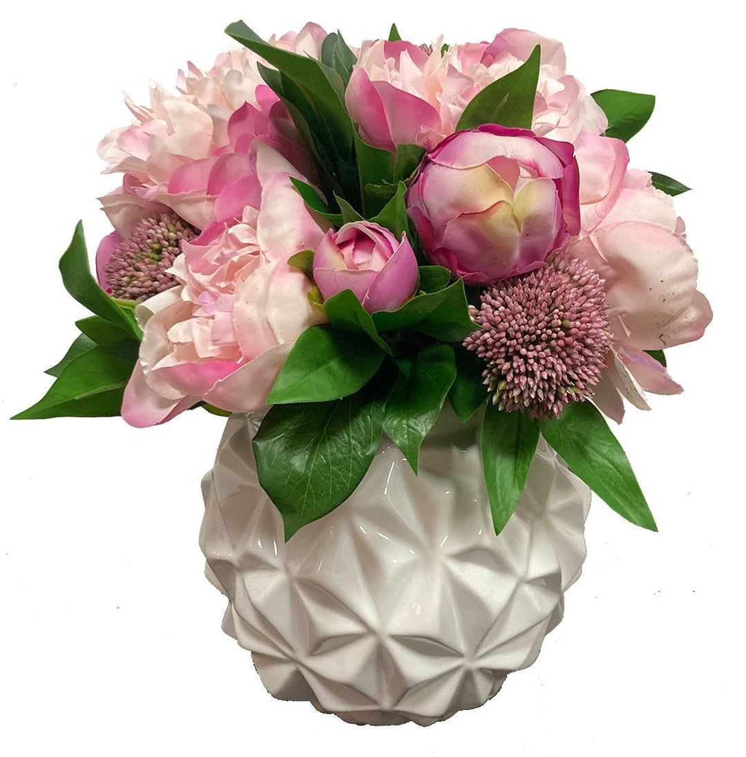Peonies, Viburnum, and Laurel Leaves in Container 12"H - LDF Silk