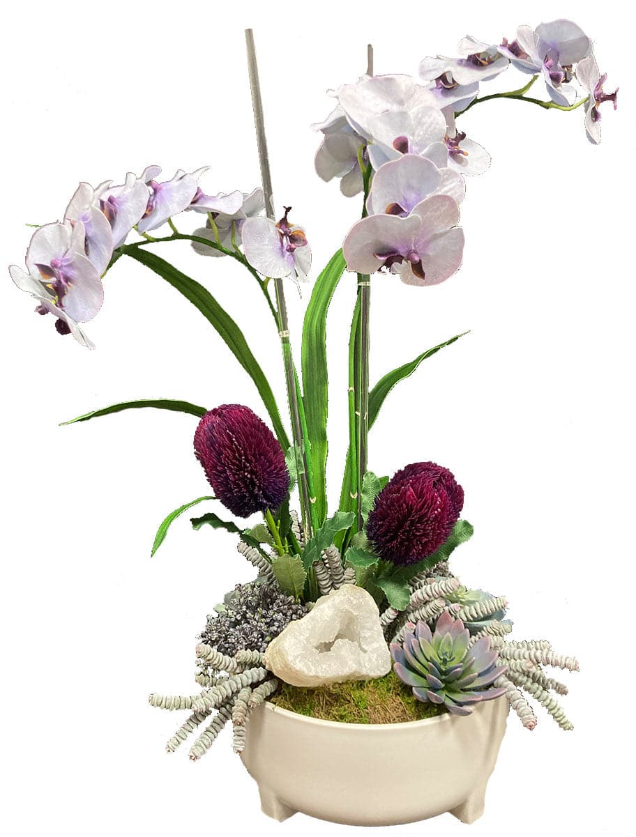 Phalaenopsis Orchids on Crystal Rods, Banksia, Geode and Succulents in Ceramic FH: 32" - LDF Silk