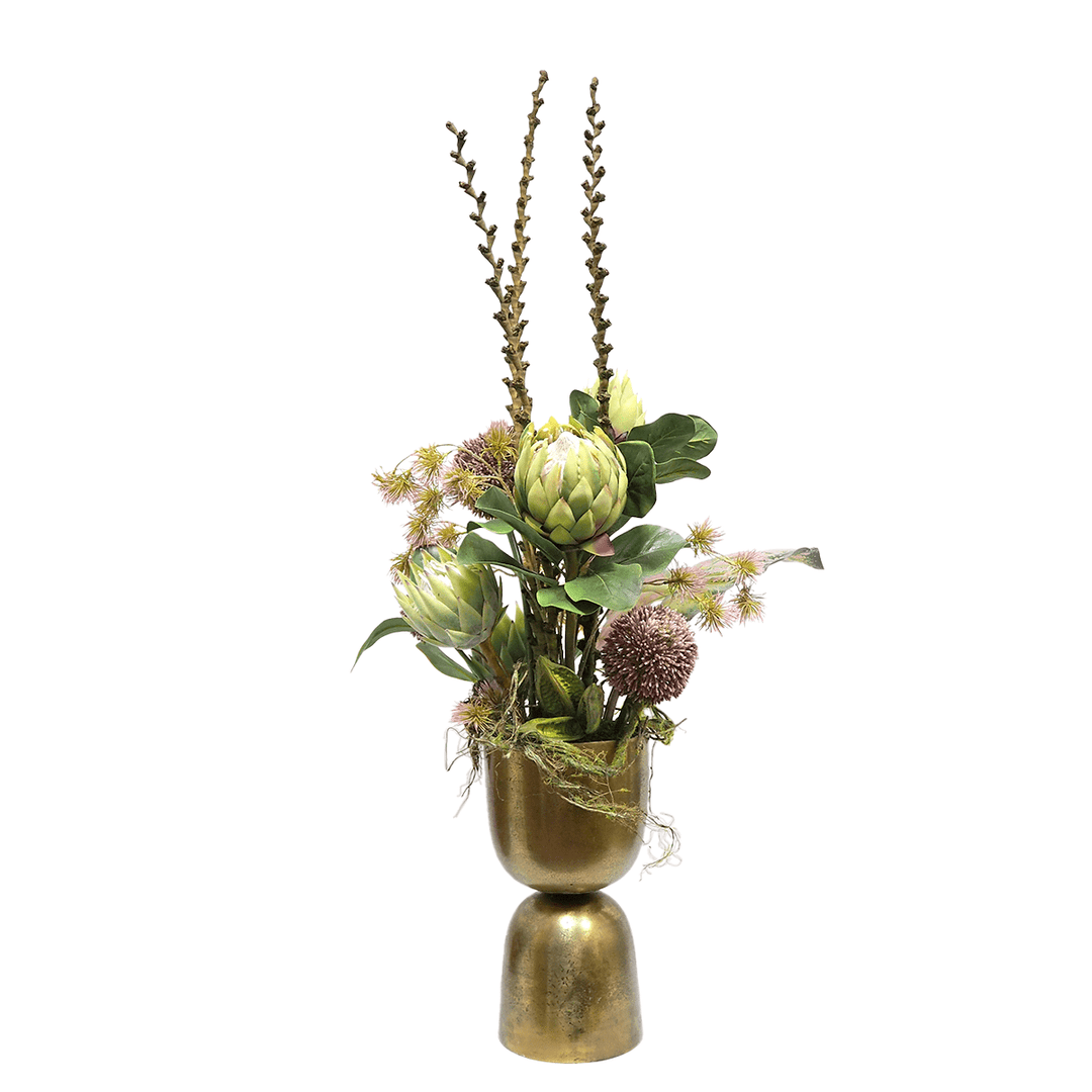 Protea, Allium, Ladder Branches and Mossy Vine in Gold Metal Vase. 50"H - LDF Silk