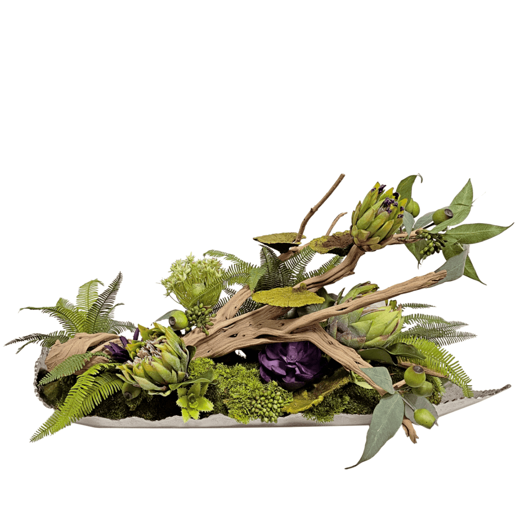 Protea and Allium with Eucalyptus, Succulents and Sponge Mushrooms on Ghostwood in Raw Edge Rectangular Tray 19"H - LDF Silk