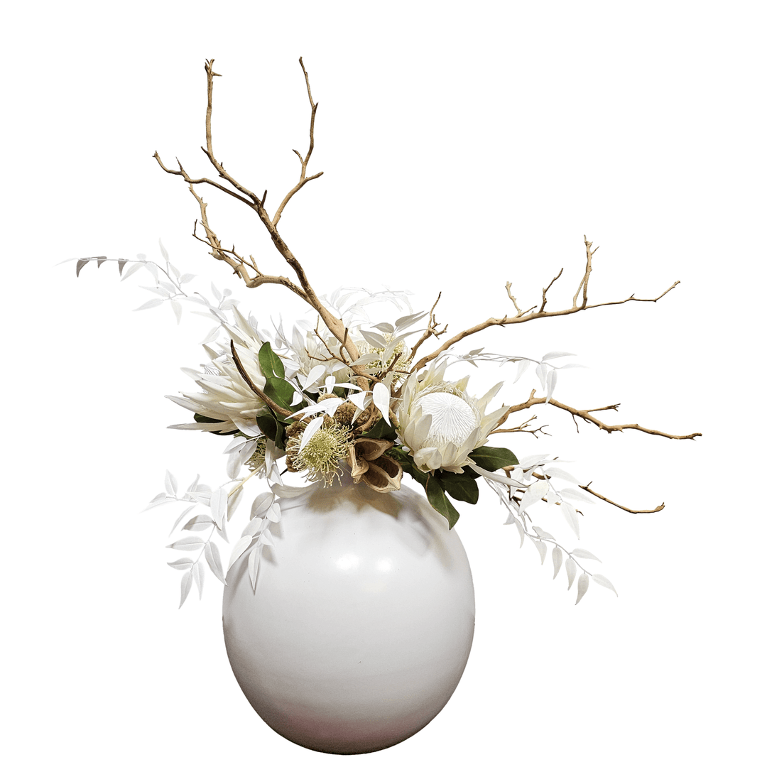 Protea, Italian Ruscus, Coxcomb, Manzanita, and Sora Pods in Ball Vase 40"H - LDF Silk