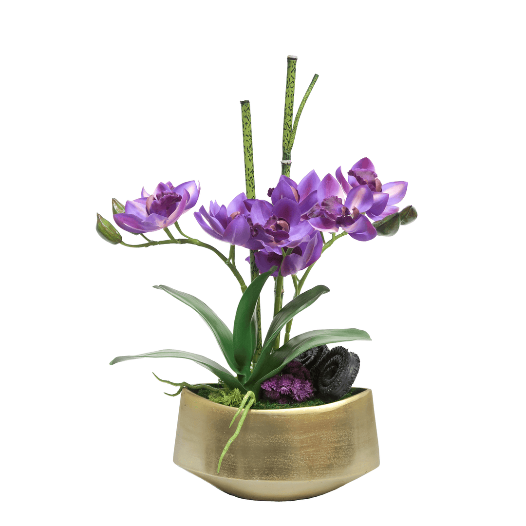 Purple Cymbidium Orchid, Horsetail Stick, Leaf Plant with Root in Metal Container 24"H - LDF Silk