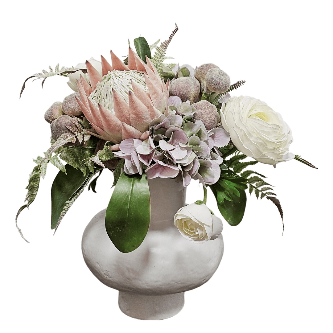 Queen Protea, Hydrangea, Ranunculus, Ferns and Figs in Ceramic FH: 16" - LDF Silk
