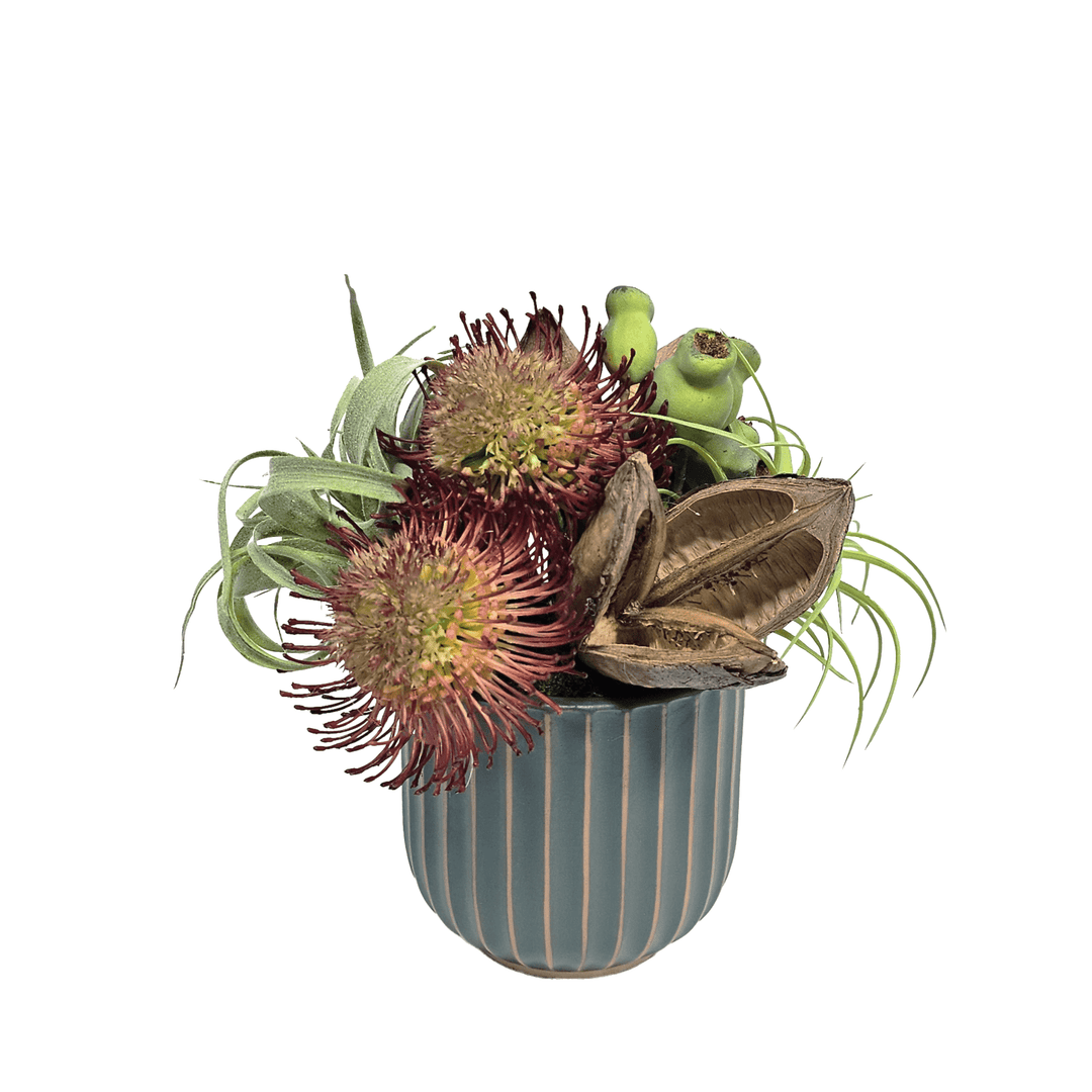 Rust Protea, Tillandsia, Sora Pod and Fruit Pods in Ceramic 10.5"H - LDF Silk
