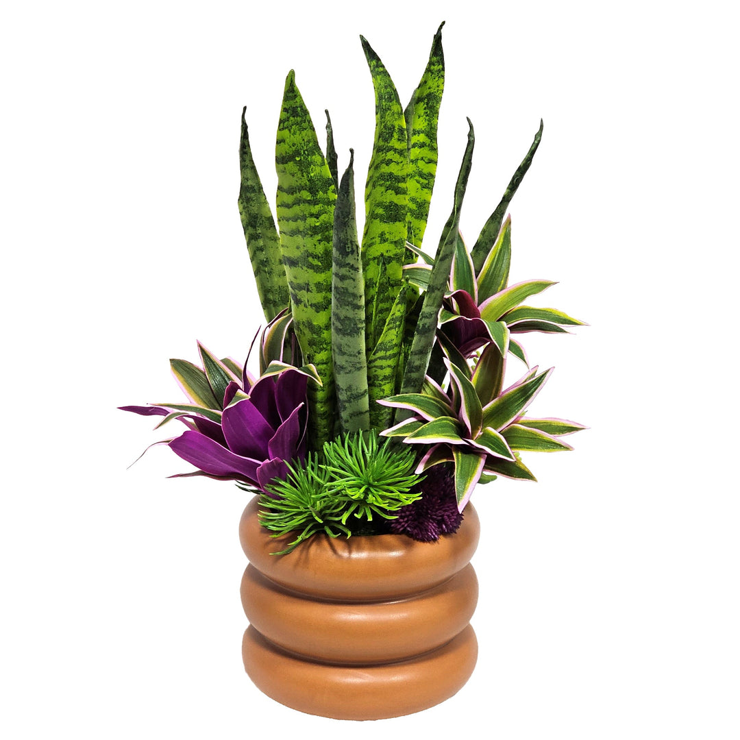 Sanseveria, Sedum, and Grass in Ribbed Terra Cotta. FH: 16" - LDF SilkArtificial Flora