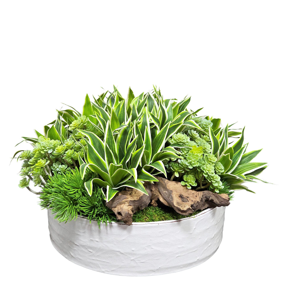 Sedum, Tradescantia, and Moss with Wood Elements in Ceramic Bowl. FH:9" - LDF SilkArtificial Flora