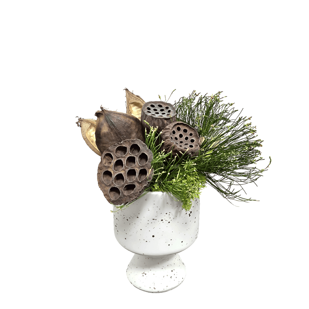 Sora Pods with Cypress Blooms and Lotus Pods in Spotted Vase. FH: 11"H - LDF SilkArtificial Flora