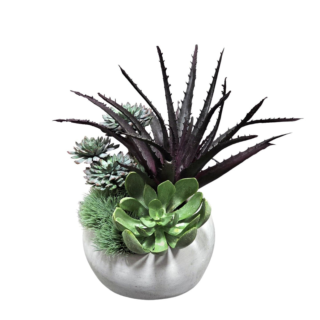 Succulents in Round Cement Container. FH: 12" - LDF SilkArtificial Flora