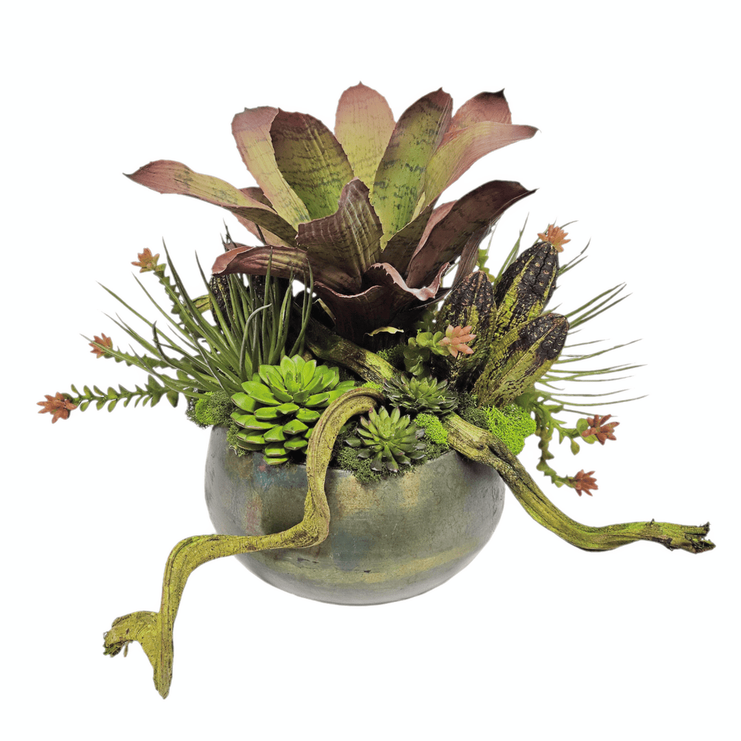 Succulents with Twisted Vine in Round Metal Bowl. FH: 15"H - LDF SilkArtificial Flora