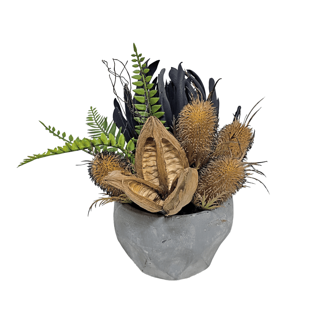 Thistle, Sora Pod, Foam Flower and Fern in Concrete Pot 10"H - LDF Silk