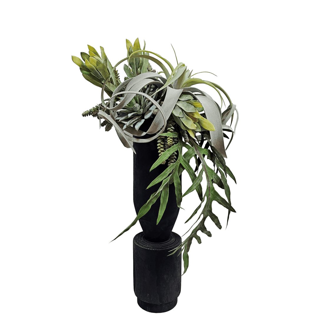 Tillandsia, Protea, Succulents and Fern Leaves in Wood Vase 32"H - LDF Silk