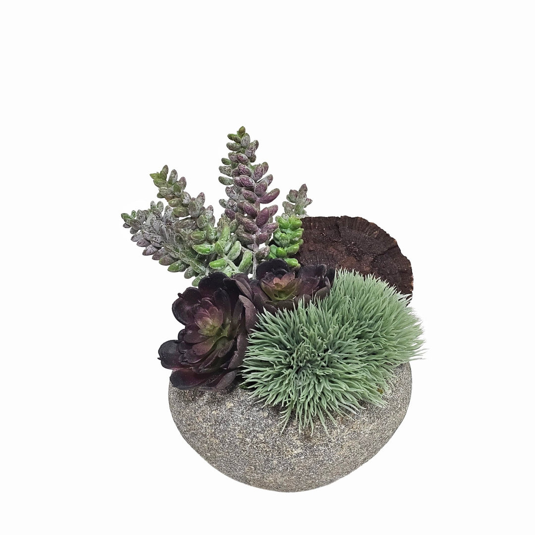 Variety of Succulents with Mushroom in Small Rock Pot. FH:6" - LDF SilkArtificial Flora