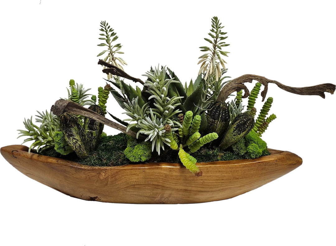 Various Succulents with Mahogany, Natural Wood, and Coconut in Teak. 14" H - LDF Silk