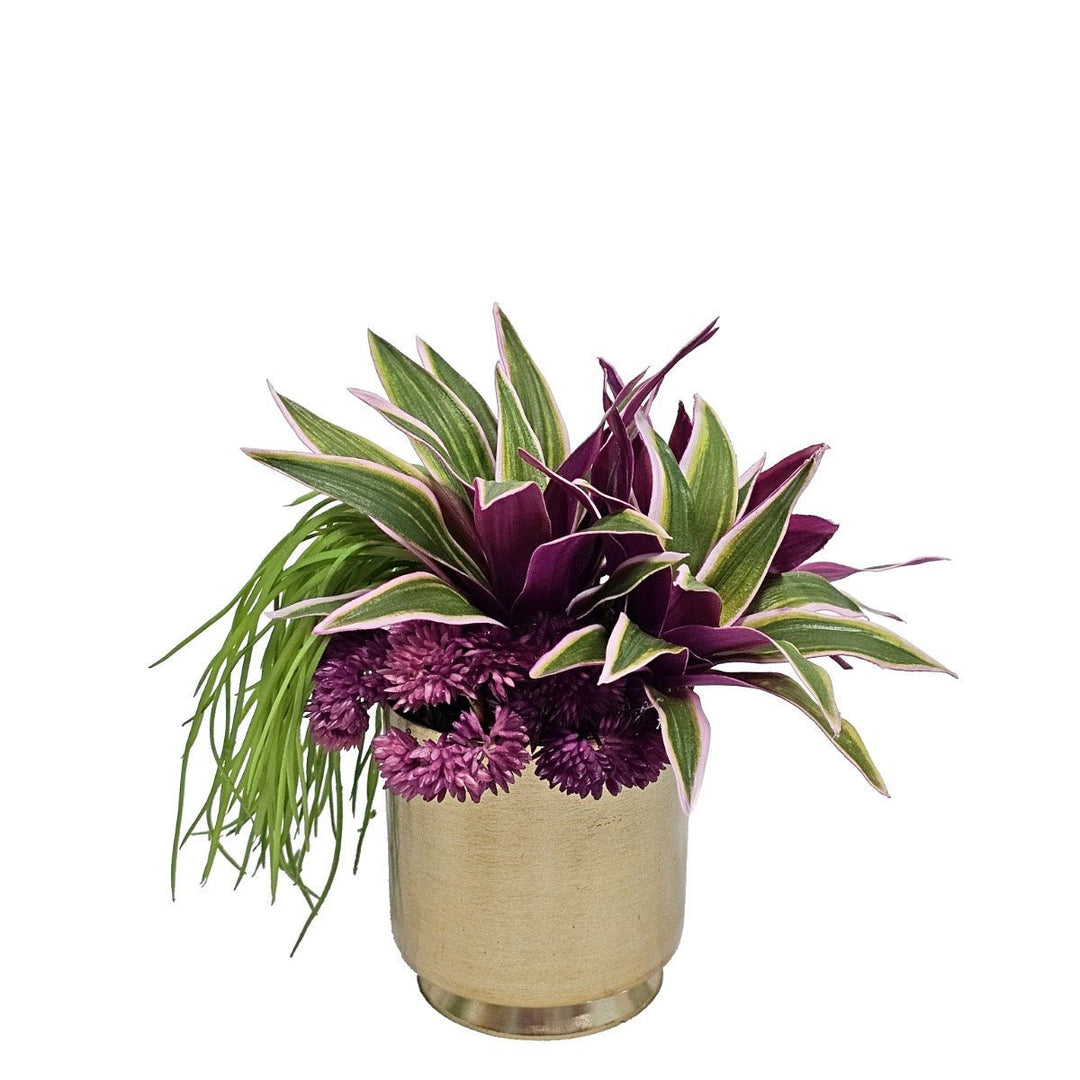 Violet Tradescantia with Grass and Sedum in Brushed Gold. 7"H - LDF SilkArtificial Flora